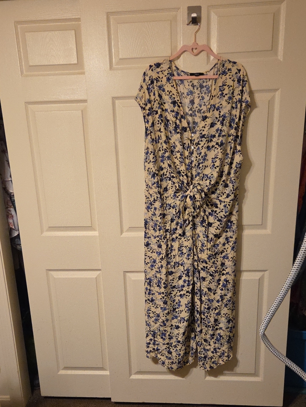 ellos Button Front Cream Maxi Tie-waist Dress with Blue Floral Print
